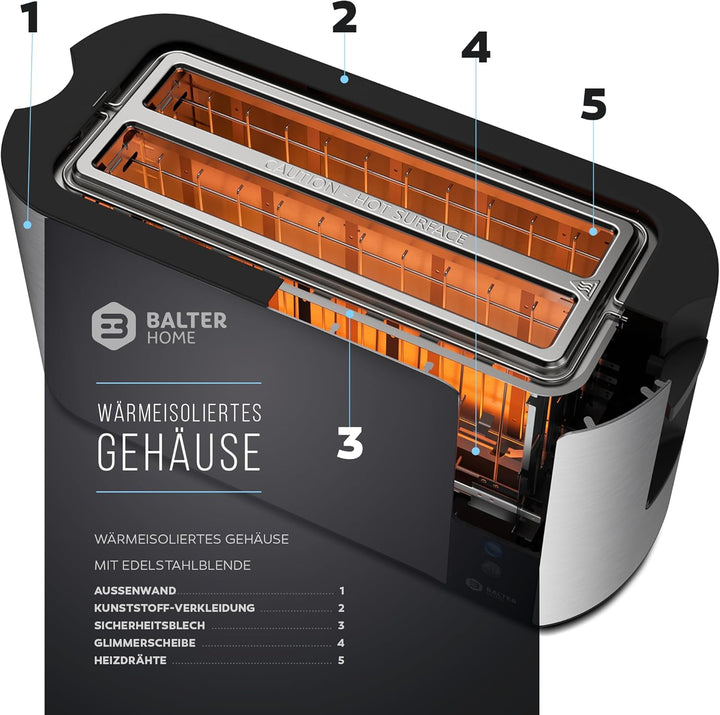 Balter Toaster 4 Scheiben, Langschlitz, Edelstahl, Brötchenaufsatz, LCD Display mit Restzeitanzeige,