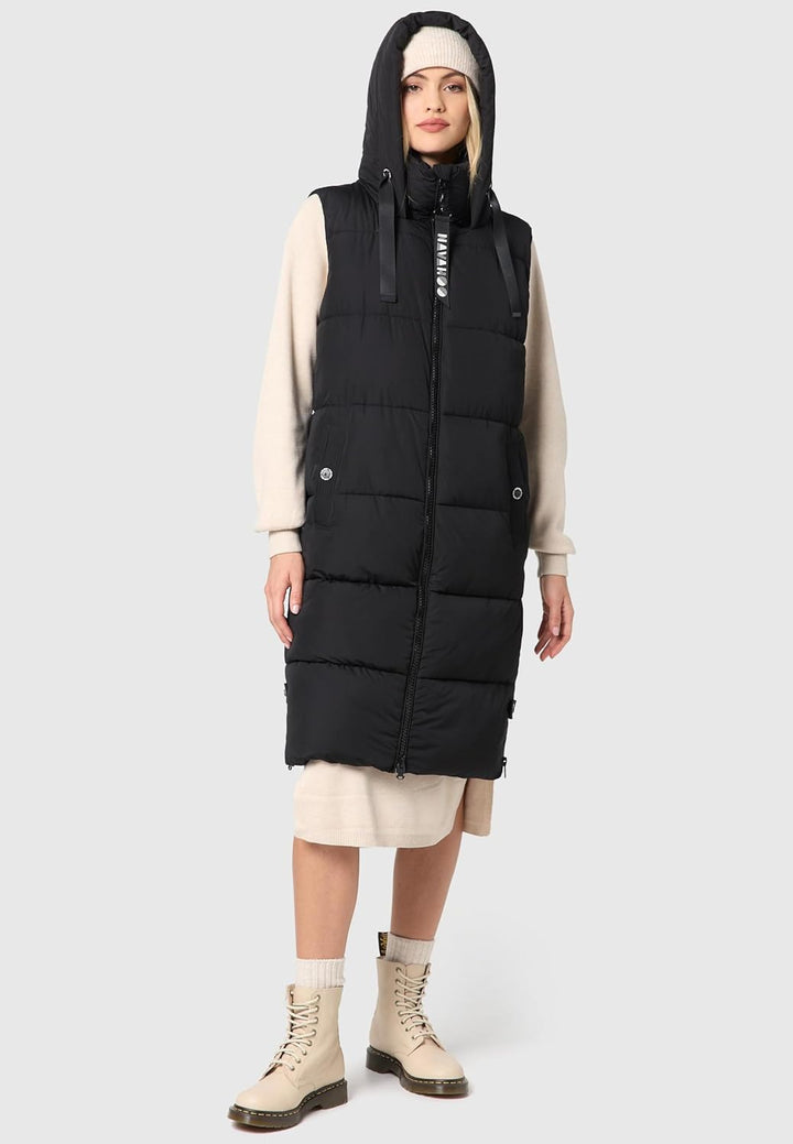 Navahoo Damen ärmellose lange Outdoorweste warme Winterjacke Schnuffelchen XS-3XL S Schwarz, S Schwa
