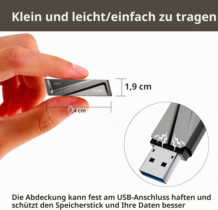 SSK USB3.2 SSD Stick 256GB, High Speed bis zu 550MB/s Extreme Schneller Adapter Externe Tragbare SSD