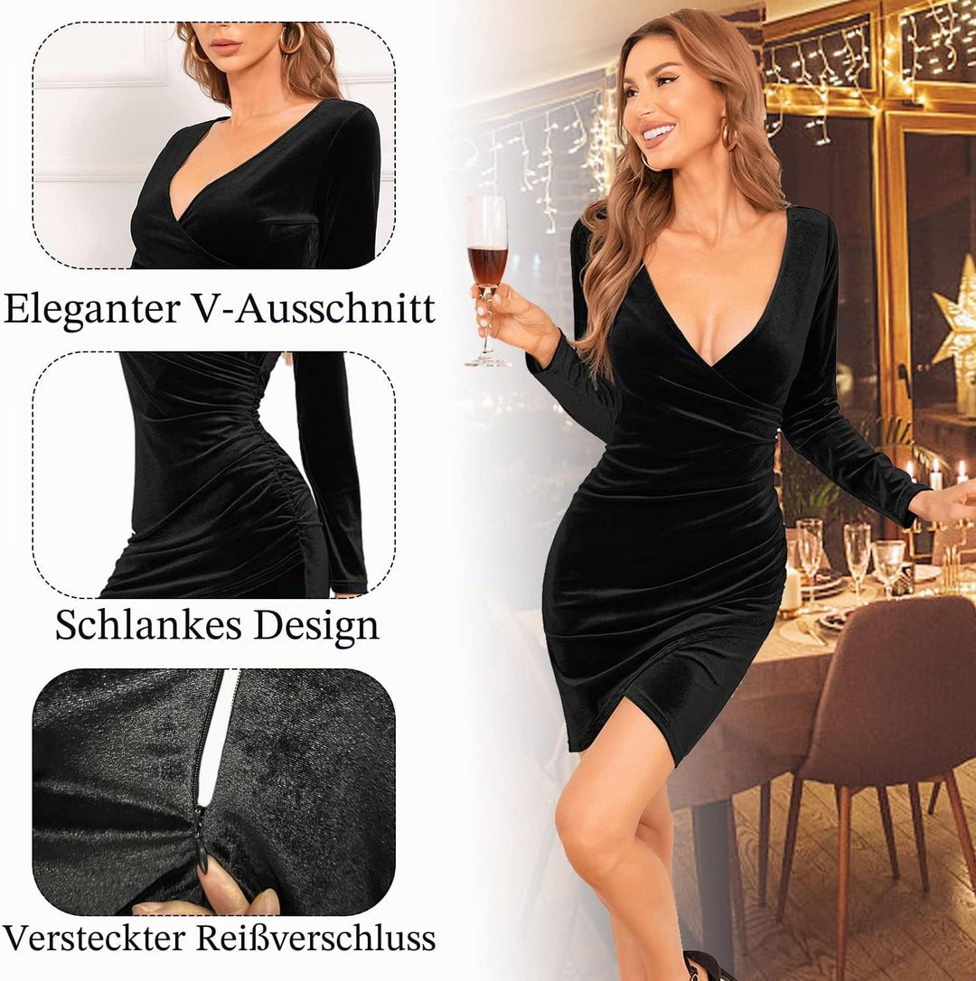 CheChury Damen Winterkleid Festlich Kleid Samtkleid Lange Ärmel Wickelkleid Bodycon Kurzes V Ausschn