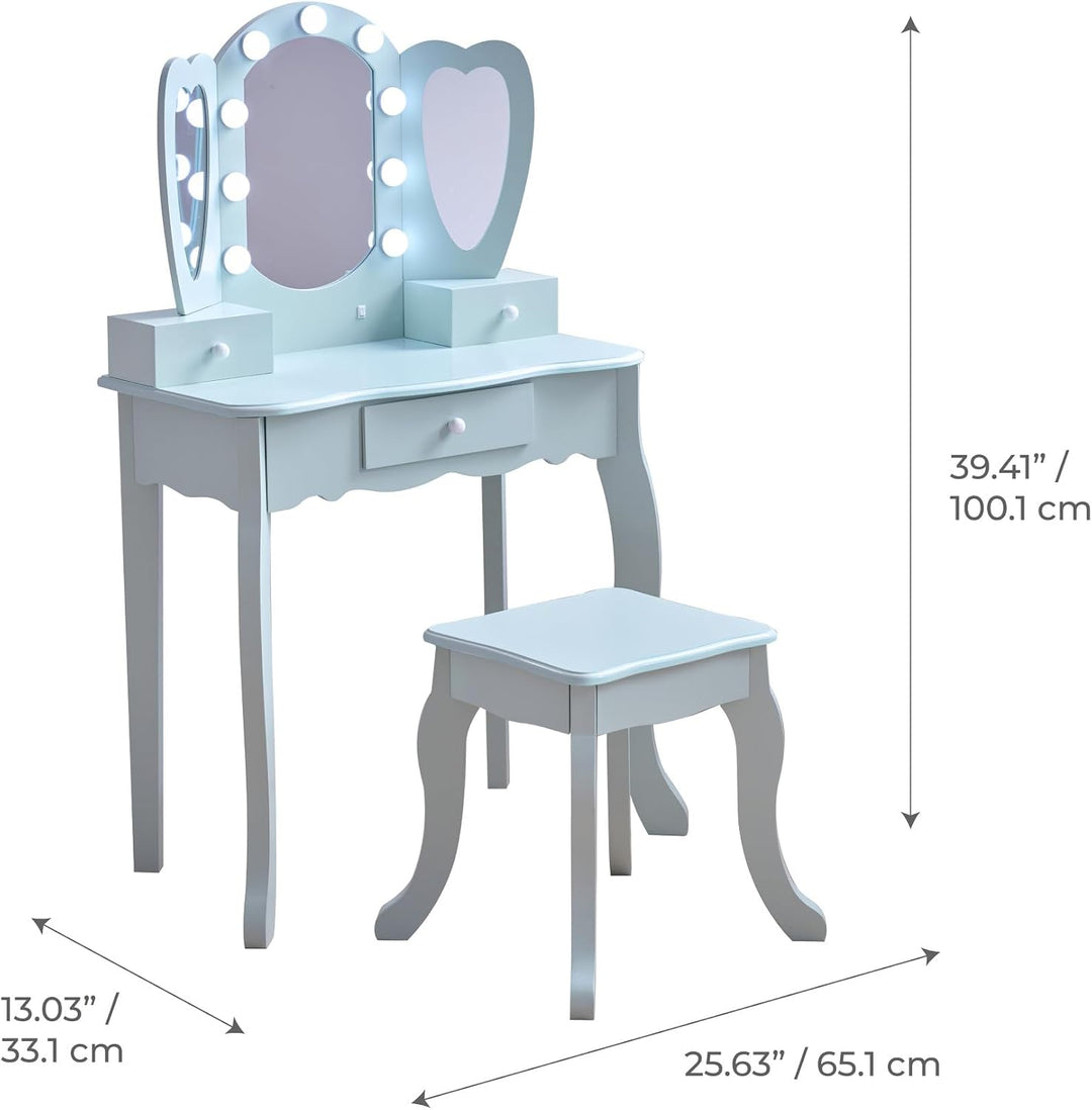 Teamson Kids Herzförmiger Schminktisch mit LED-Licht in Hellblau für Mädchenzimmer, Frisiertisch für