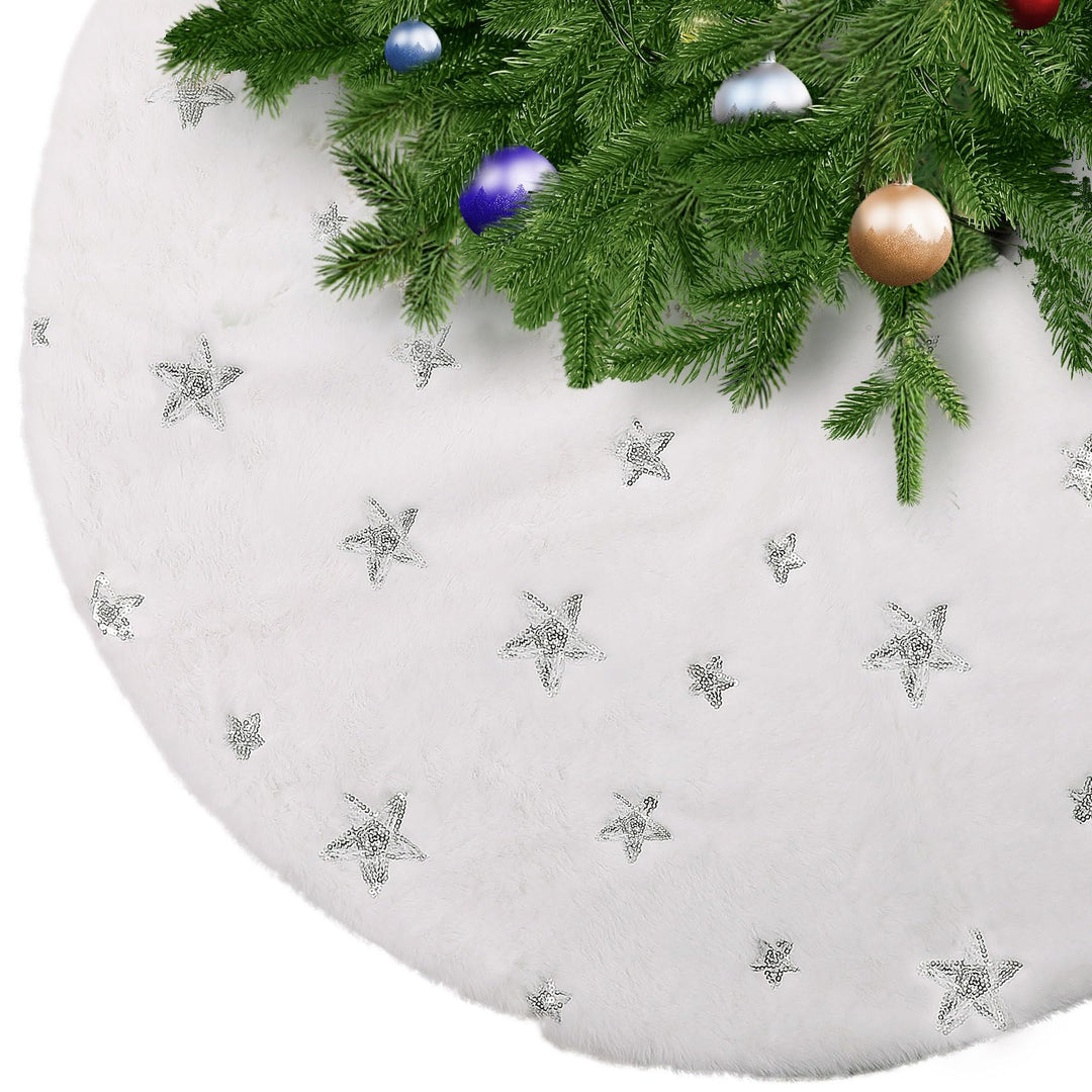 KONVINIT Weihnachtsbaumdecke Round Christbaumdecke Weiss Luxus Kunstfell Weihnachtsbaumrock mit Pail