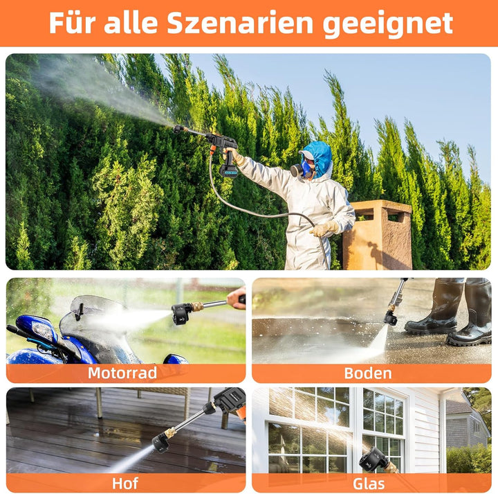 Akku Hochdruckreiniger, 21V, 100 bar, tragbarer Druck mit 2 x 3000 mah Lithium-Akku, 6-in-1-Düse, 5