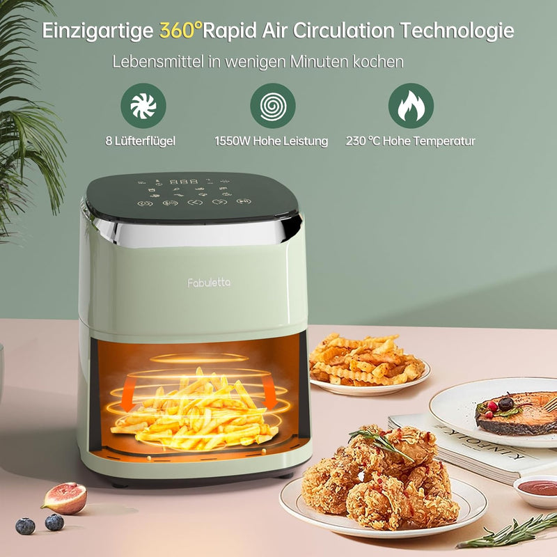 Fabuletta Heissluftfritteuse 4L, 9-in-1 Air Fryer, Max 230℃ Heissluft Fritteusen, Digitalem LED-Touc