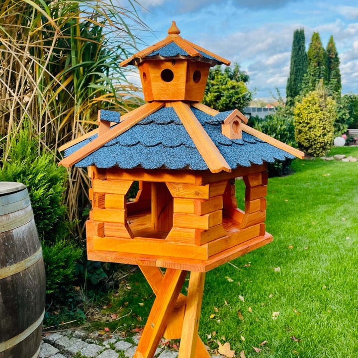 handgefertigtes Sechseck Vogelhaus aus Holz wetterfest M - XL mit und ohne Ständer, Futterhaus, Futt
