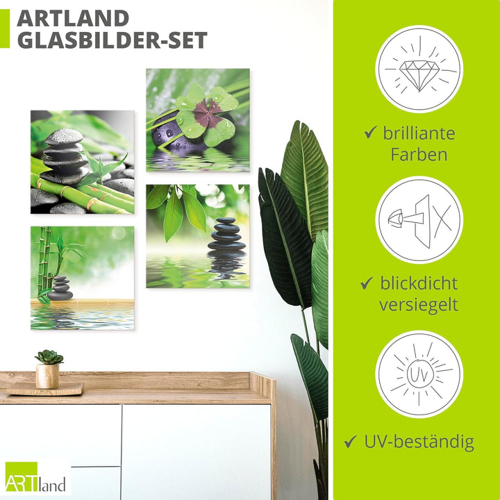 ARTland Glasbilder Wandbild Glas Bild Set 4 teilig je 30x30 cm Quadratisch Asien Wellness Zen Steine