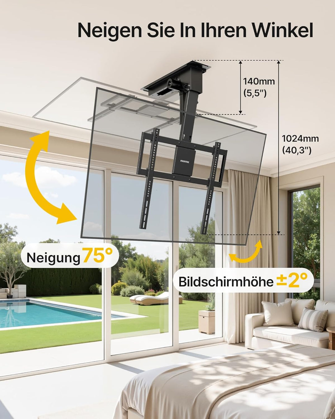 monTEK Motorisierte TV Deckenhalterung von 32-75 Zoll bis zu 55 kg, Klapp Deckenhalterung für Flache