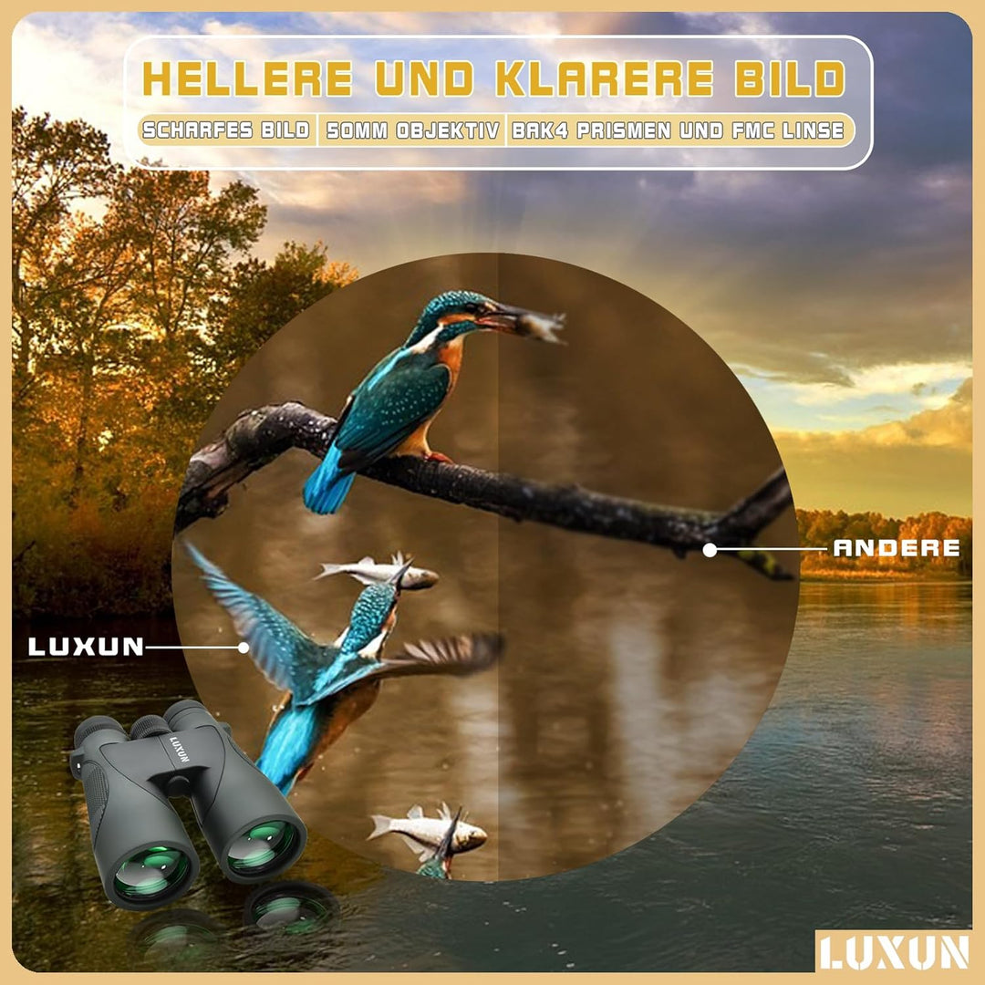 LUXUN 12x50 HD Fernglas für Erwachsene, Fernglas mit Smartphone Adapter Tragetasche, 20mm grosses Ok