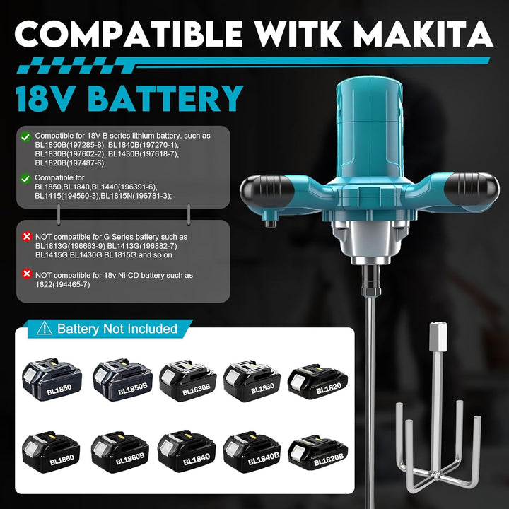 Akku Rührwerk für Farbe und Beton, Kompatibel mit Makita 18V Akku, Elektrischer Mörtelrührer mit 6 G