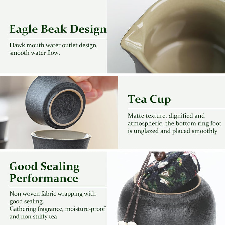 Tee-Set 14-teilig, Keramik schwarz, mit Kanne, 6 Tassen und Tablett | Japanisches Kung-Fu-Design. Tr