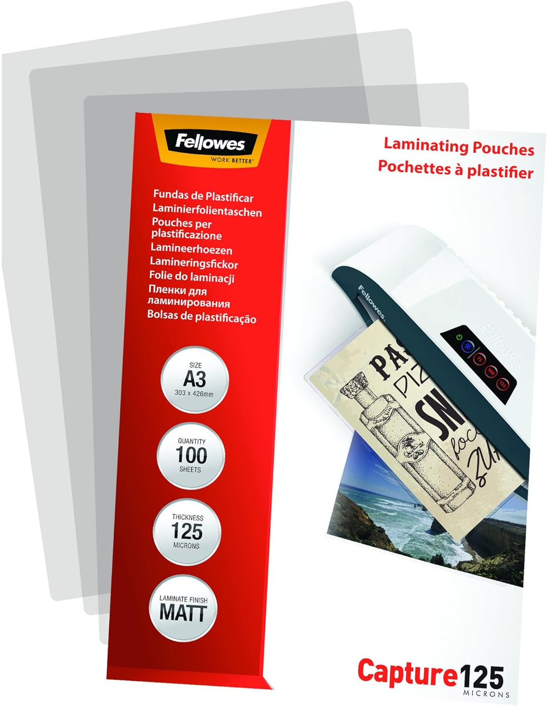 Fellowes matte Laminierfolien A3, entspiegelt, 125 Mikron (2 x 125 mic), 100 Stück A3 / 125 Mikron S