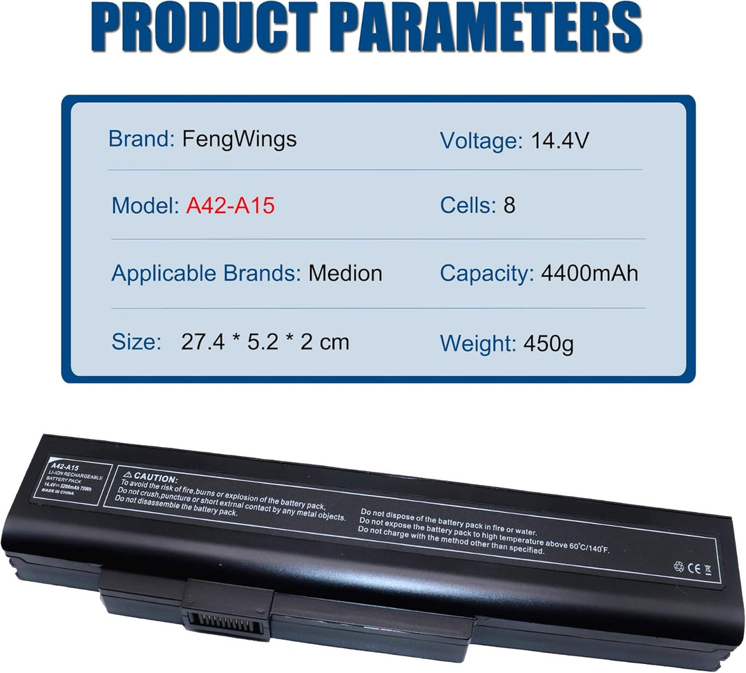 FengWings® Akku A42-A15, 14.4V 4400mAh Akku Ersetzen für Medion akoya P7818 E7220 E7222 E6222 E7219