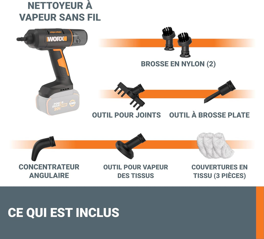 WORX 18V(20V MAX) kabelloser Handdampfreiniger WX770.9, Dampfreiniger für 220°F, tötet Keime, 8-Seku