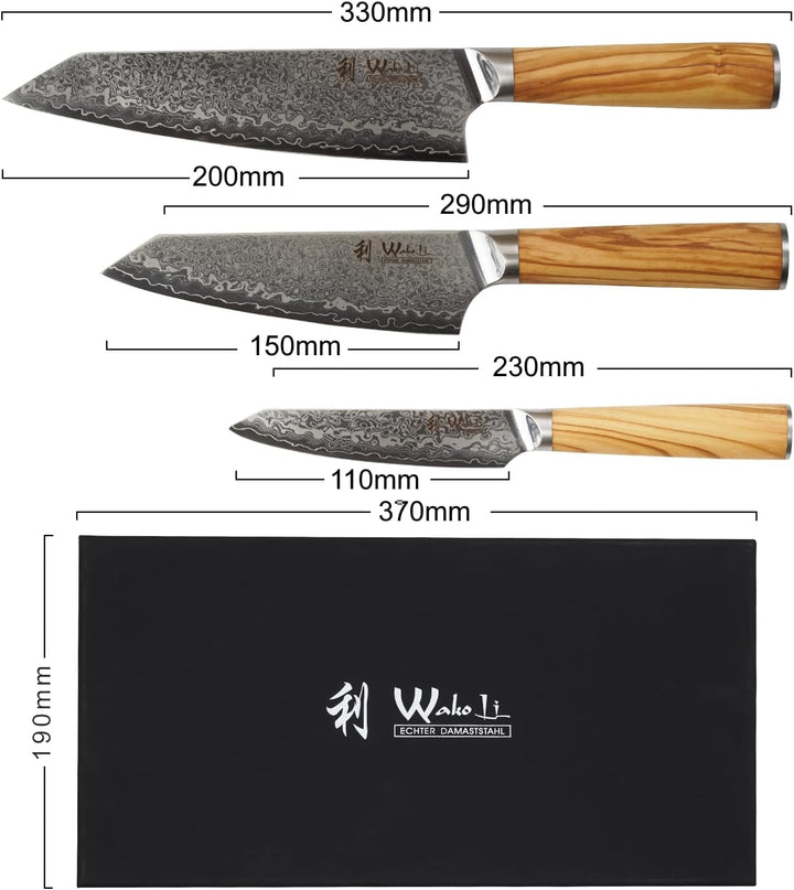 Wakoli Damast 3er Messer-Set Kiritsuke mit Klingen von 11 bis 20 cm extrem scharf aus 67 Lagen I Pro