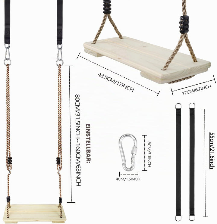 KINSPORY Holz Schaukelsitz, Garten schaukel mit Einstellbares Hanfseil, für Innen und Aussenbereich,