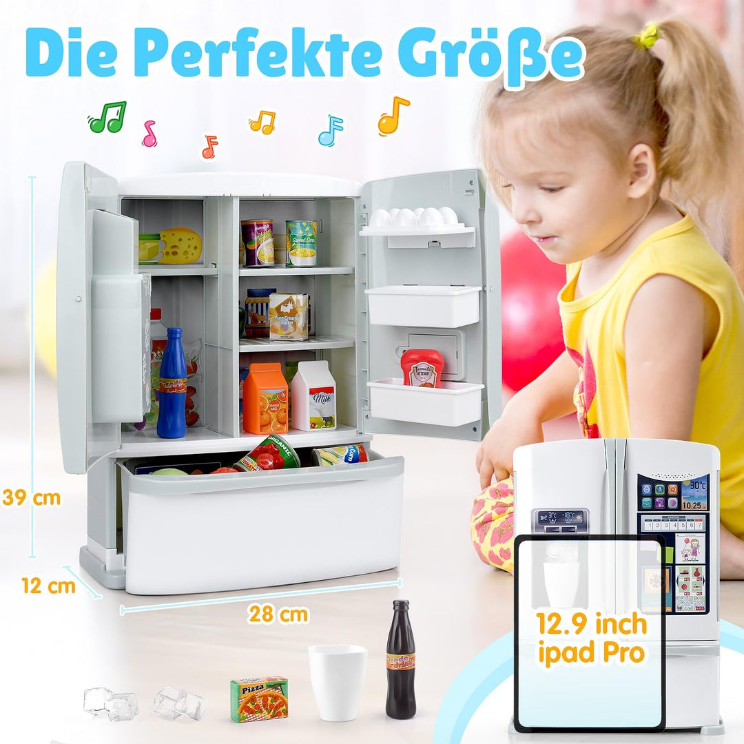 PLAY Küche Kinder Kühlschrank Spielzeug mit Eisspender, Spielküche Zubehör Set mit Kinderkühlschrank