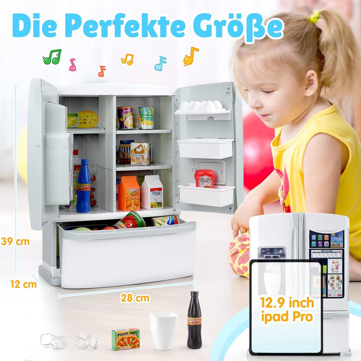 PLAY Küche Kinder Kühlschrank Spielzeug mit Eisspender, Spielküche Zubehör Set mit Kinderkühlschrank