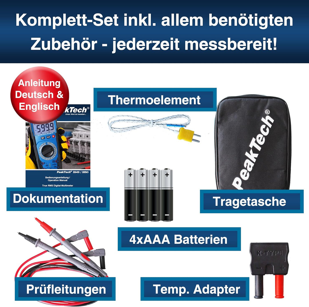 PeakTech 3349 – True RMS Digital Multimeter, Manual-Range, 6000 Counts, Durchgangsprüfer, Spannungsp