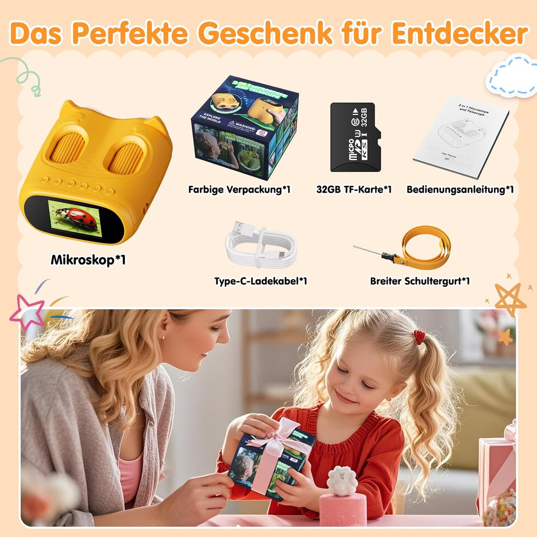 2-in-1 Digitales Mikroskop für Kinder und Teleskop, Tragbares Taschenmikroskop mit 32GB Speicherkart