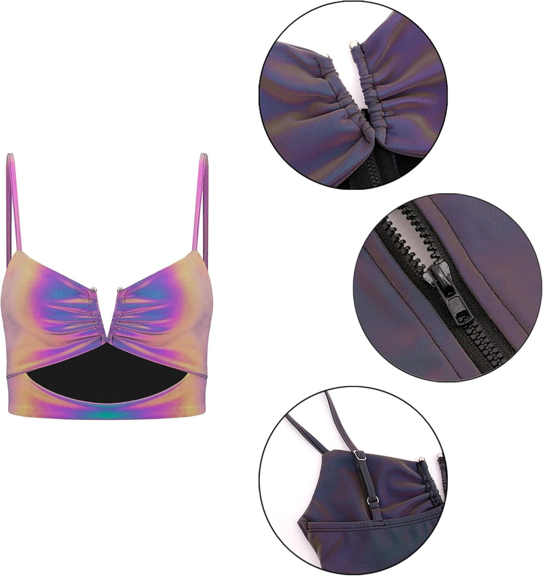 Naimo Damen Glänzend Reflektierendes Cut Out Crop Top Ärmellos Spaghettiträger Tank Tops Cami Weste