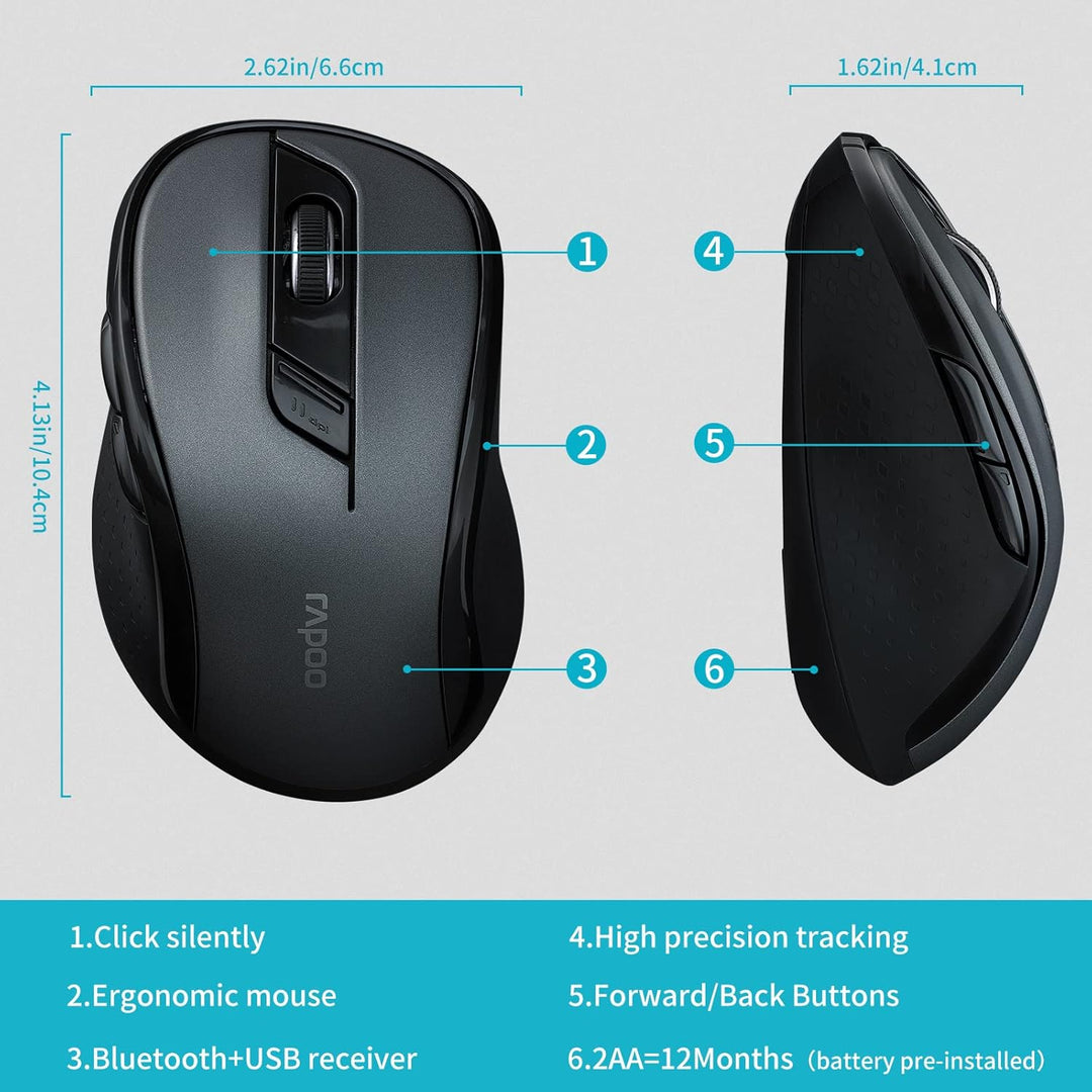 Rapoo M500 Silent kabellose Maus wireless Mouse 1600 DPI Sensor 12 Monate Batterielaufzeit leise Tas
