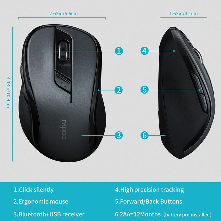 Rapoo M500 Silent kabellose Maus wireless Mouse 1600 DPI Sensor 12 Monate Batterielaufzeit leise Tas
