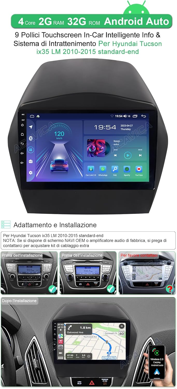 ACAVICA 2+32GB Android 12 Radio für Hyunda i Tucson ix35 LM 2010-2015 9 Zoll Autoradio Sat NAV mit G