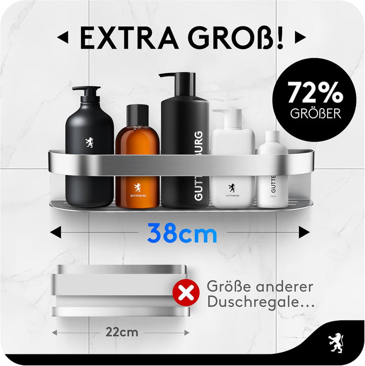 GUTTENBURG Duschablage ohne Bohren (38x8cm, 2200cm³) | klebt hochfest, 10kg Tragelast | gebürsteter