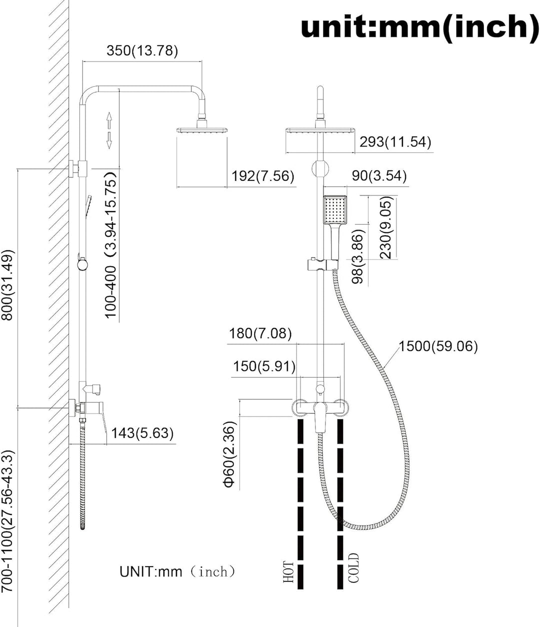 Duscharmatur Schwarz, Auralum Duschsystem Höhenverstellbar 90-120cm, Duschamaturenset mit 11 Inch Re