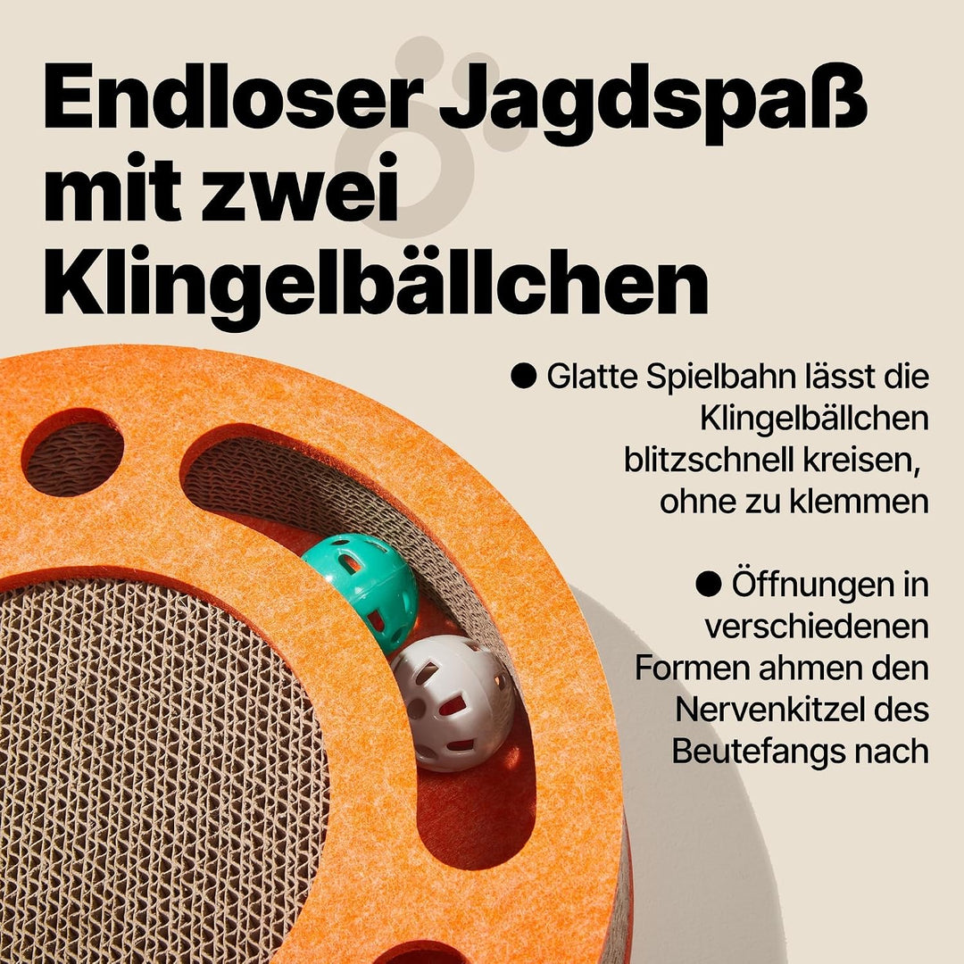 Kratzbrett mit Ballbahn und Glockenbällen – Interaktives Katzenspielzeug, Kratzpappe für Katzen mit