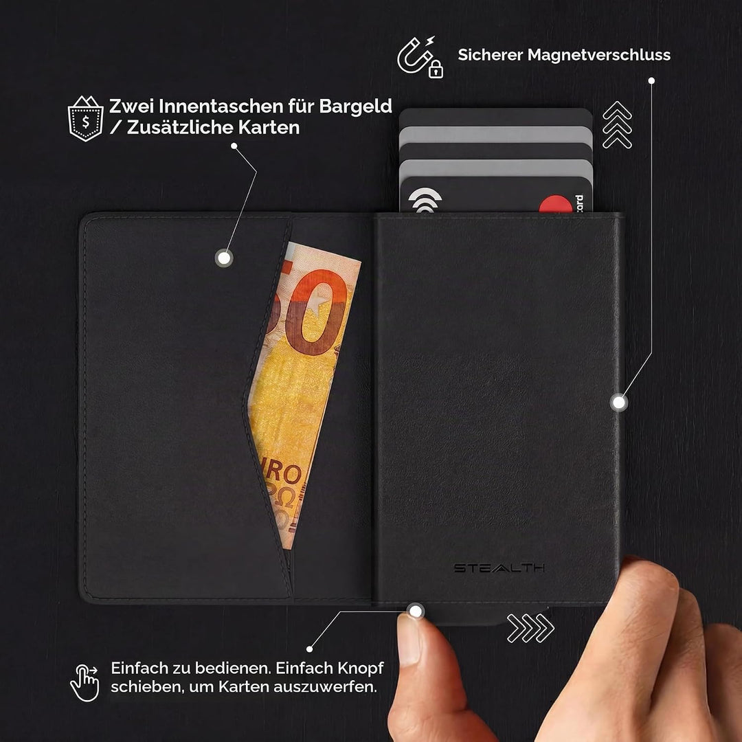 Stealth Wallet – Minimalistische Schlanke Leichte Pop-Up Kartenhalter – Kontaktlos Geschützte Sicher