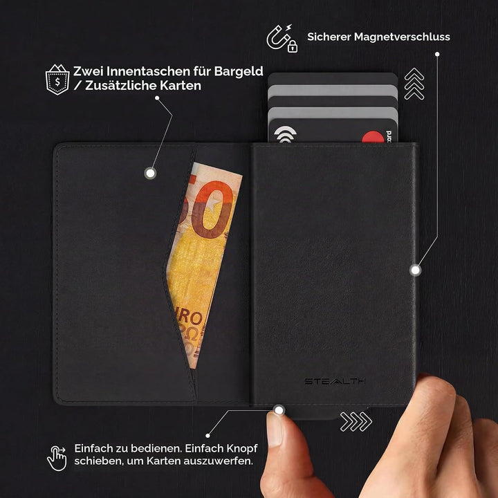 Stealth Wallet – Minimalistische Schlanke Leichte Pop-Up Kartenhalter – Kontaktlos Geschützte Sicher