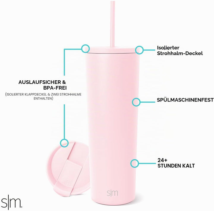 Simple Modern Thermobecher mit Strohhalm und Deckel | Trinkbecher mit Henkel Wiederverwendbare Edels
