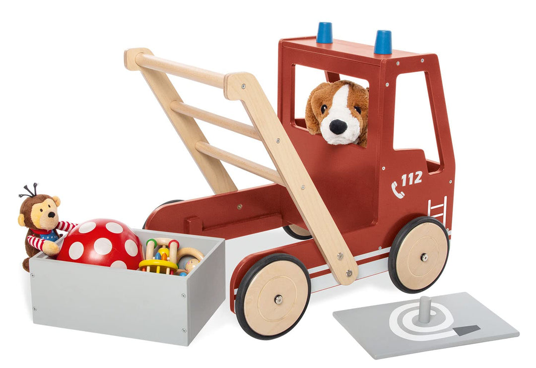 PINOLINO Lauflernwagen Feuerwehrauto Fred, mit Bremssystem, gummierten Holzrädern und herausnehmbare