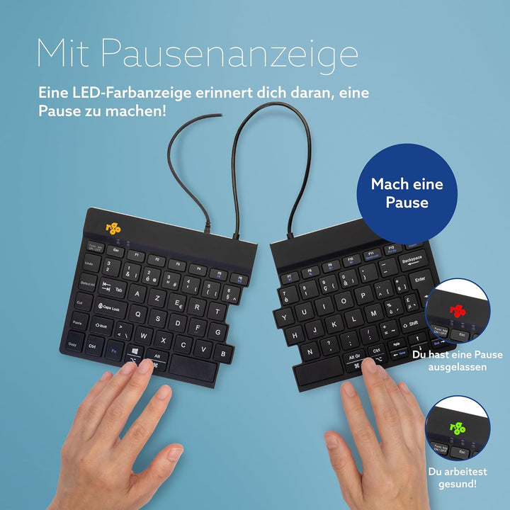 R-Go Split Tastatur, Ergonomische Design mit Geteilte Tastenfeld und Integrierter Pausenanzeige, AZE