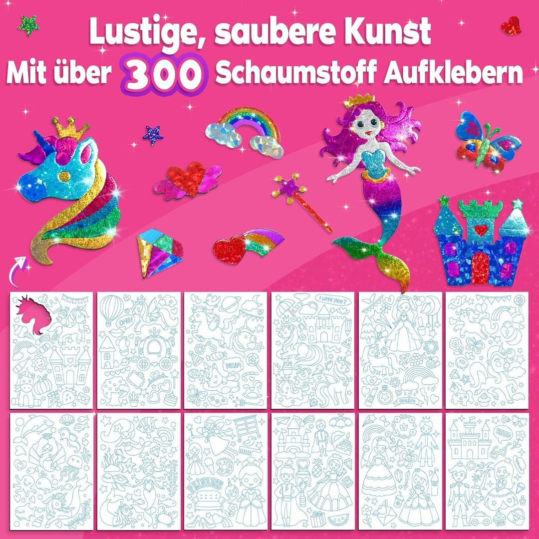 Sunrad Kunst & Bastelaktivität,Eeinhorn und Prinzessinnen Folienspass Bastelkoffer,Schmutzfreie Kuns