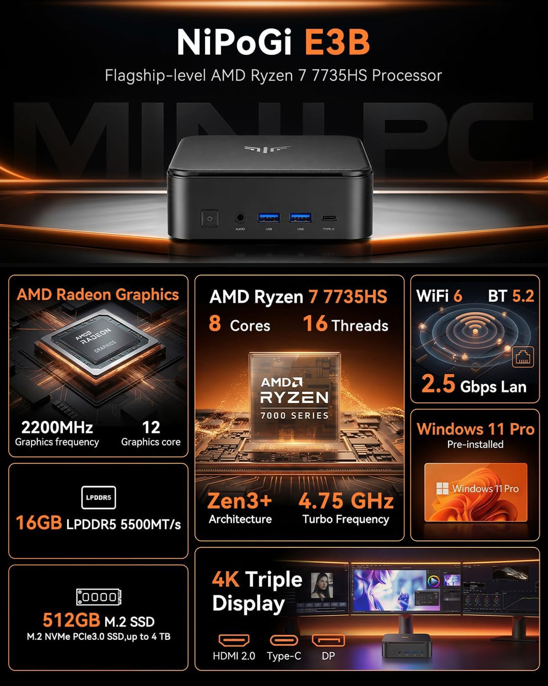 NiPoGi Mini PC АMD Ryzen 7 5800U(8C/16T, bis zu 4,4 GHz), 16GB DDR4 512GB M.2 NVME SSD Mini Desktop