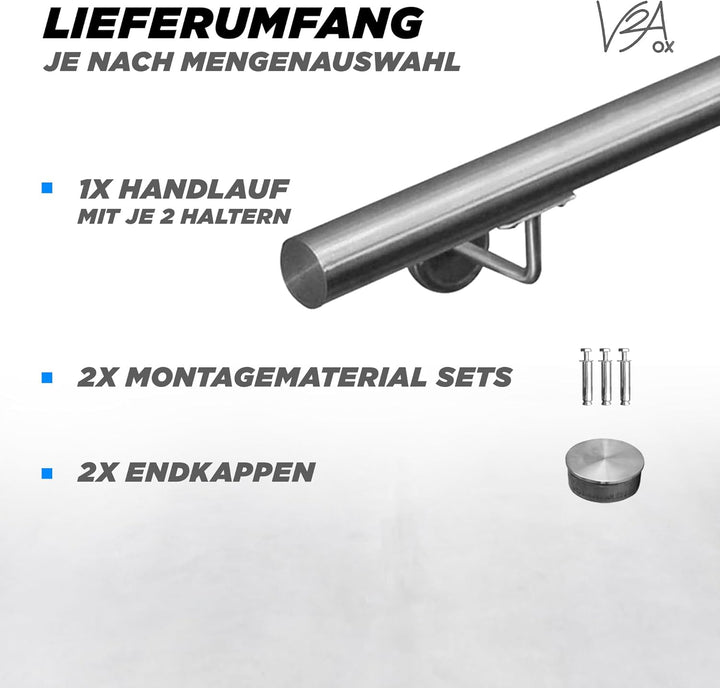 Edelstahl Handlauf Treppengeländer Geländer Wandhandlauf Wand Treppe 40-1000 cm V2Aox, Länge:50 cm,