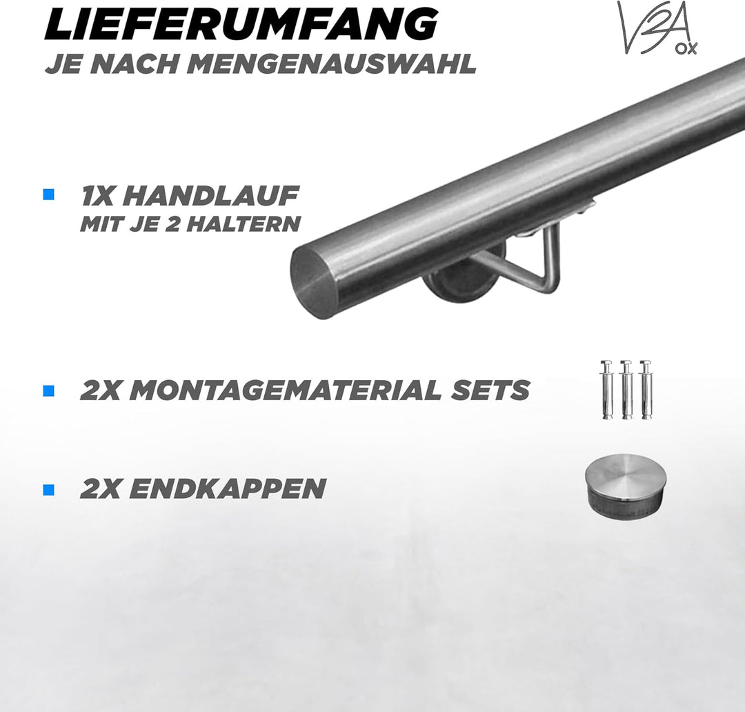 Edelstahl Handlauf Treppengeländer Geländer Wandhandlauf Wand Treppe 40-1000 cm V2Aox, Länge:40 cm,