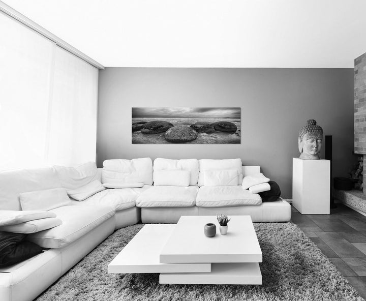Paul Sinus Art Panoramabild auf Leinwand und Keilrahmen 150x50cm Neuseeland Steine Meer Strand schwa