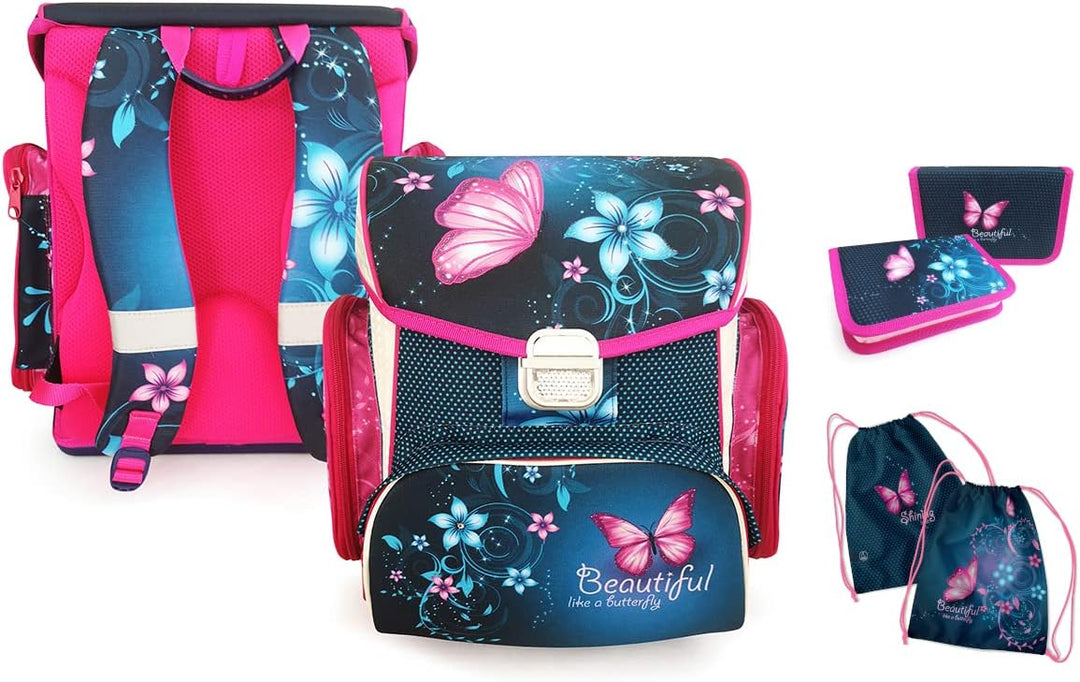 SCOOLSTAR Schmetterling Schulranzen Set MÄDCHEN 1 KLASSE | Set 3 TEILIG FÜR GRUNDSCHULE | INKL. FEDE