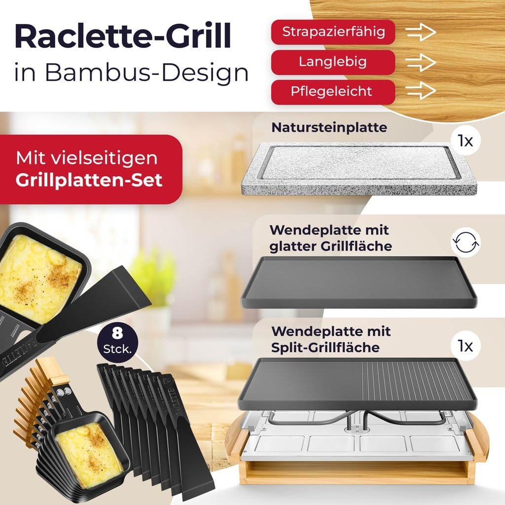 KESSER® Raclette-Grill mit Naturgrillstein, Grillplatte Tischgrill für 8 Personen, Elektrogrill Racl