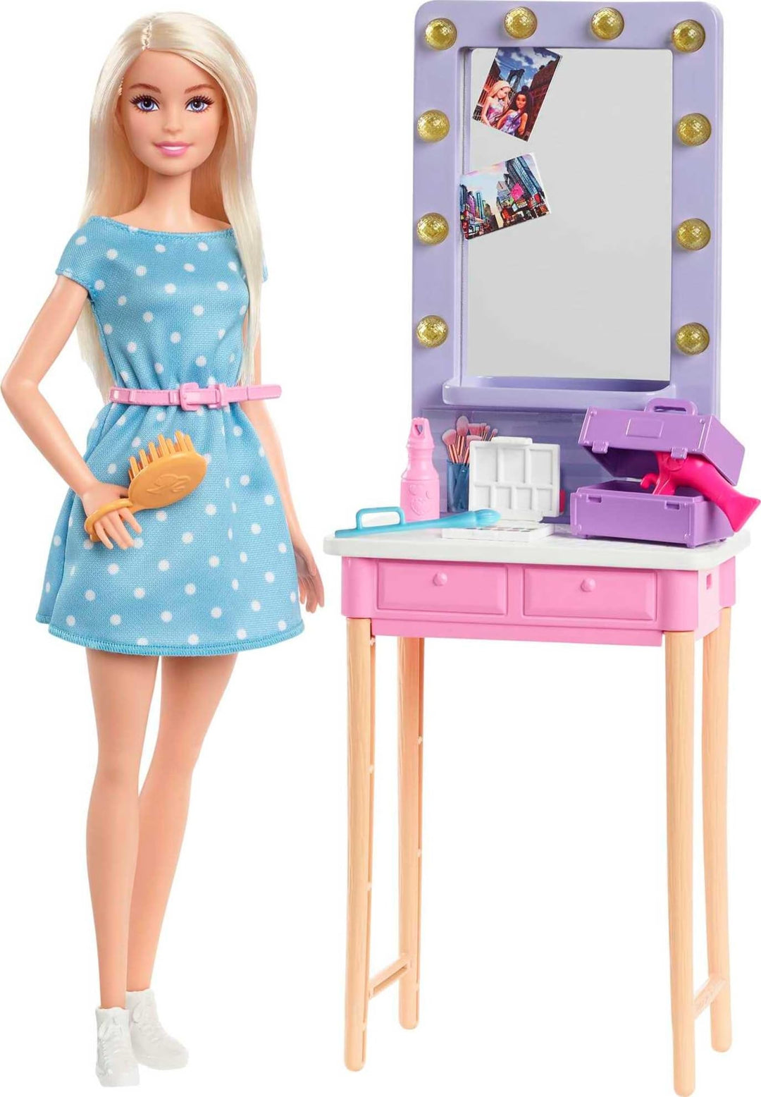 Barbie GYG39 - „Bühne Frei für grosse Träume“ Malibu Puppe (ca. 30 cm gross) mit Backstage-Schminkti