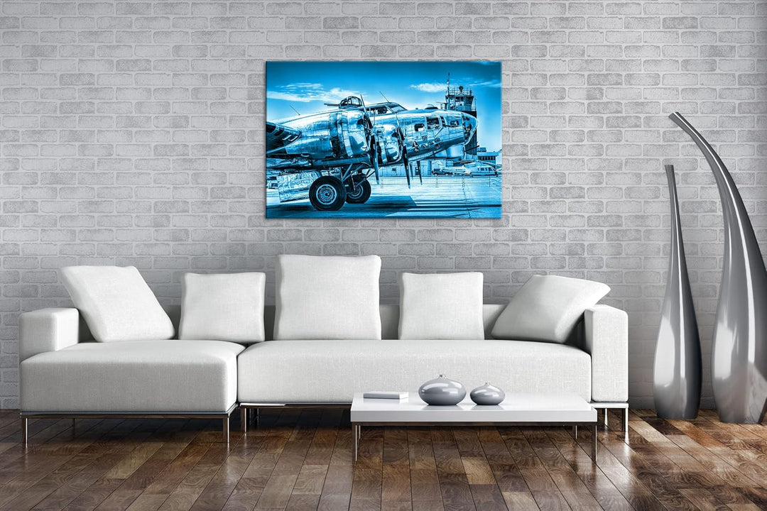 deyoli Silbernes Militär Flugzeug Format 100x70 Effekt: Monocrome Blau als Leinwandbild, Motiv ferti