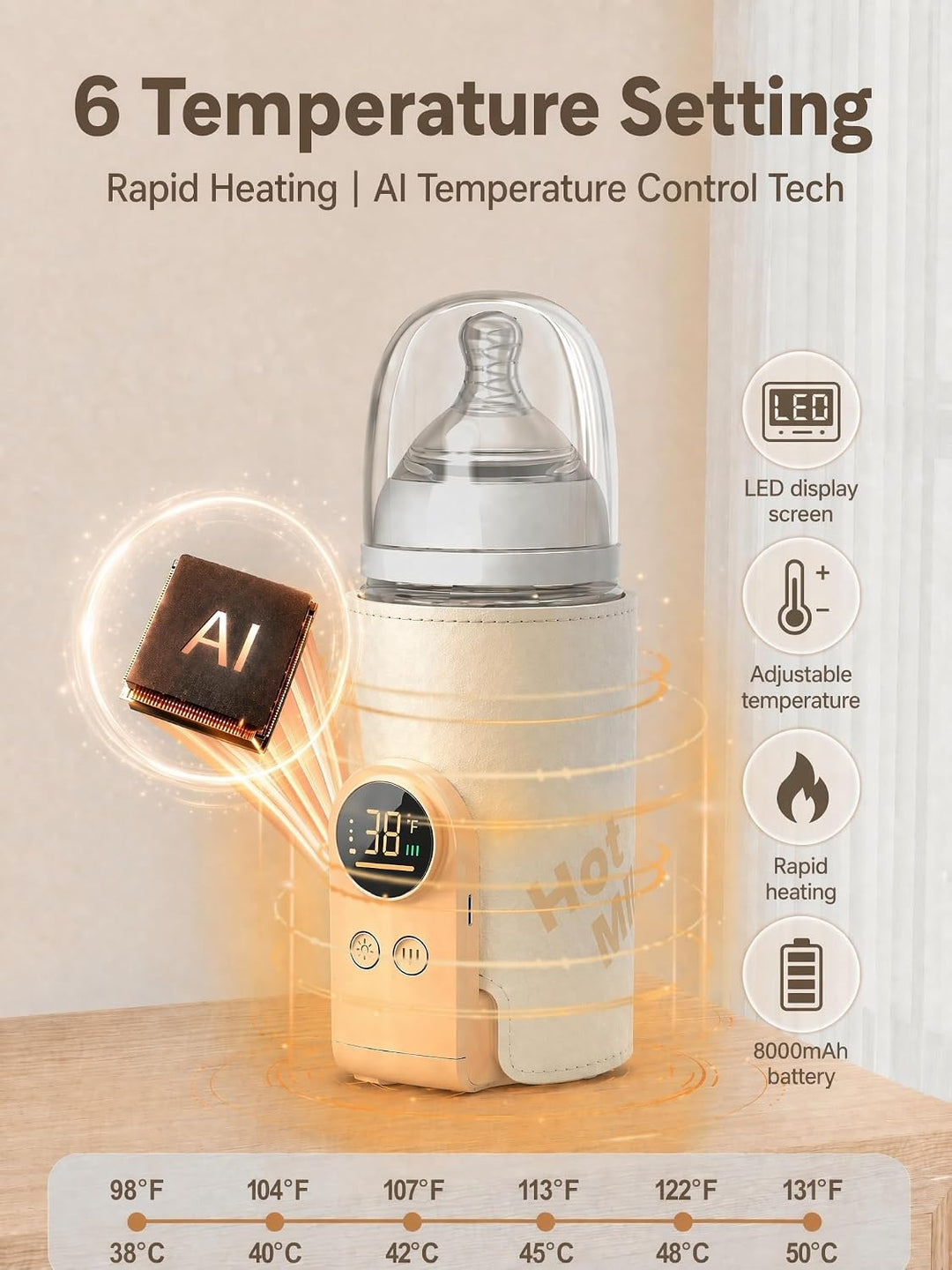 Flaschenwärmer Baby Unterwegs,Tragbarer Flaschenwärmer Baby mit LCD-Display USB-Ladung Babyflaschenw