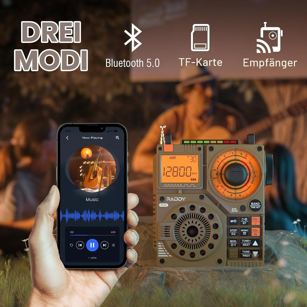 Raddy RF320 Kurzwellenradio mit App-Steuerung, FM/AM/VHF/SW/AIR-Empfänger unterstützt Bt/TF-Karte, w