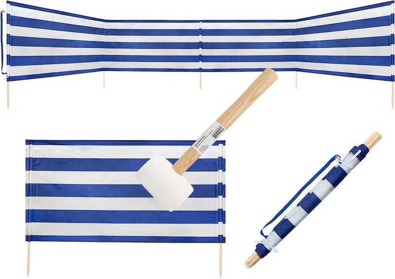 Idena - Windschutz in Blau-Weiss inkl. Gummihammer (weiss), mit Holzstäben, Tragegurt und Fixierungs