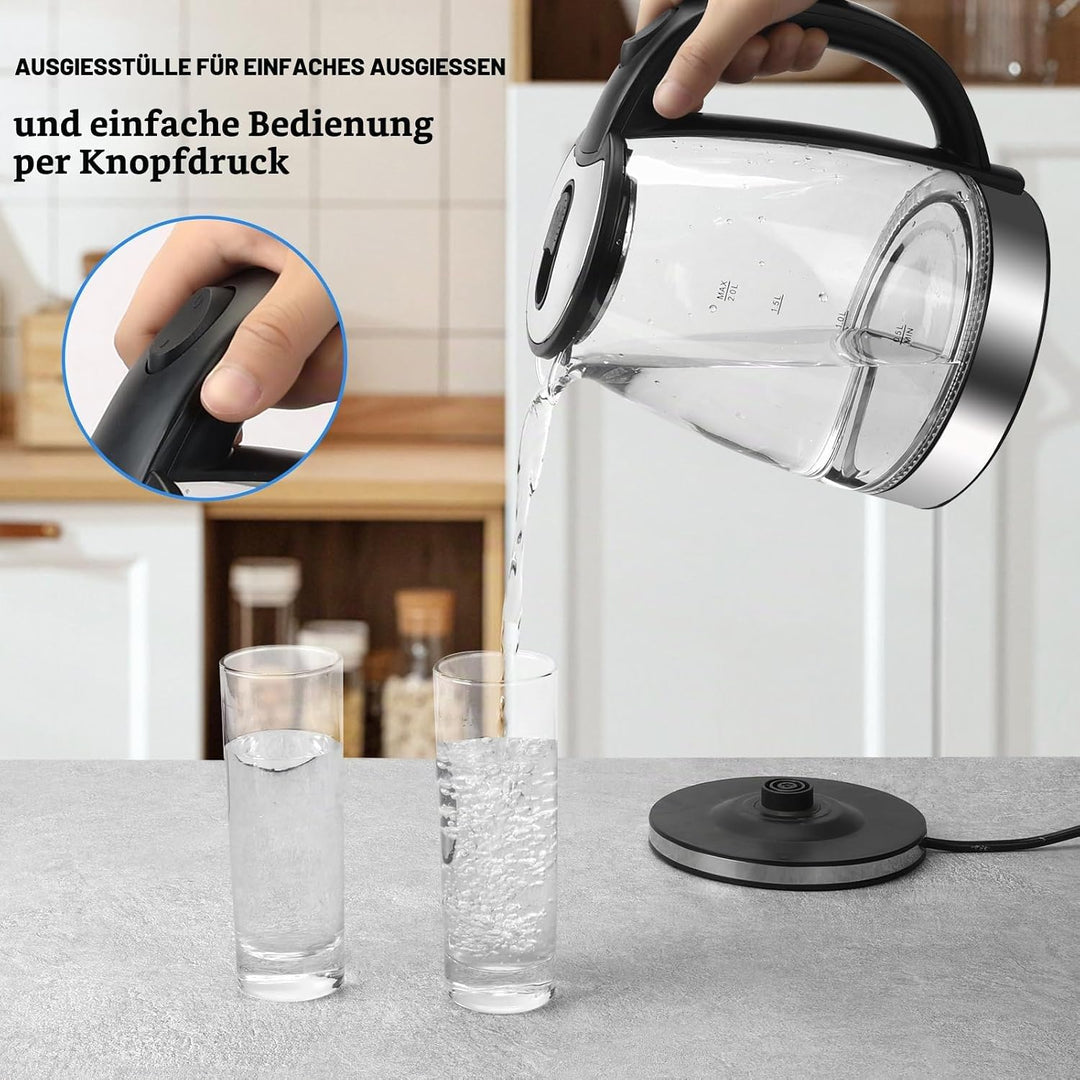 Glas Wasserkocher 2,0 liter, 2300w, BPA-frei, LED Beleuchtung, Schnelles Kochen,Wasserkocher aus Bor