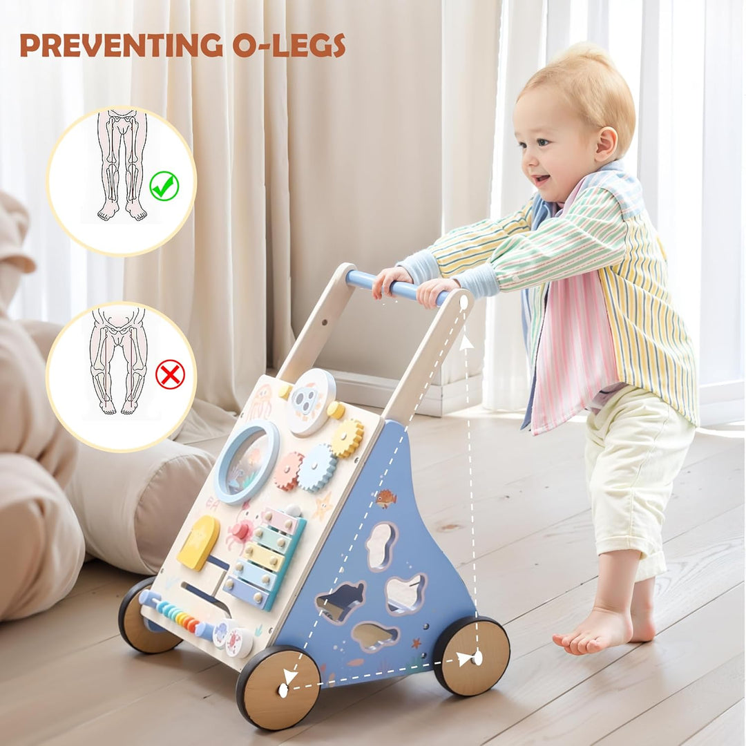 Lauflernwagen Holz, Ozean Baby Lauflernhilfe mit Multifunktional Montessori Spielzeug, Holzspielzeug