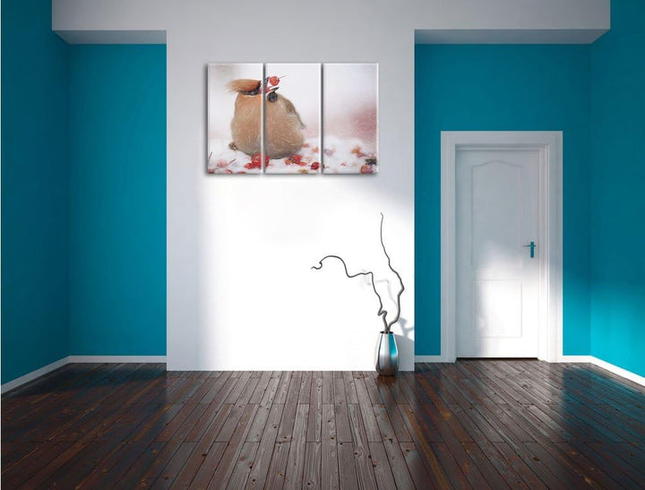 Pixxprint Kleiner Vogel im Schnee Bunstift Effekt 3-Teiler Leinwandbild 120x80 Bild auf Leinwand